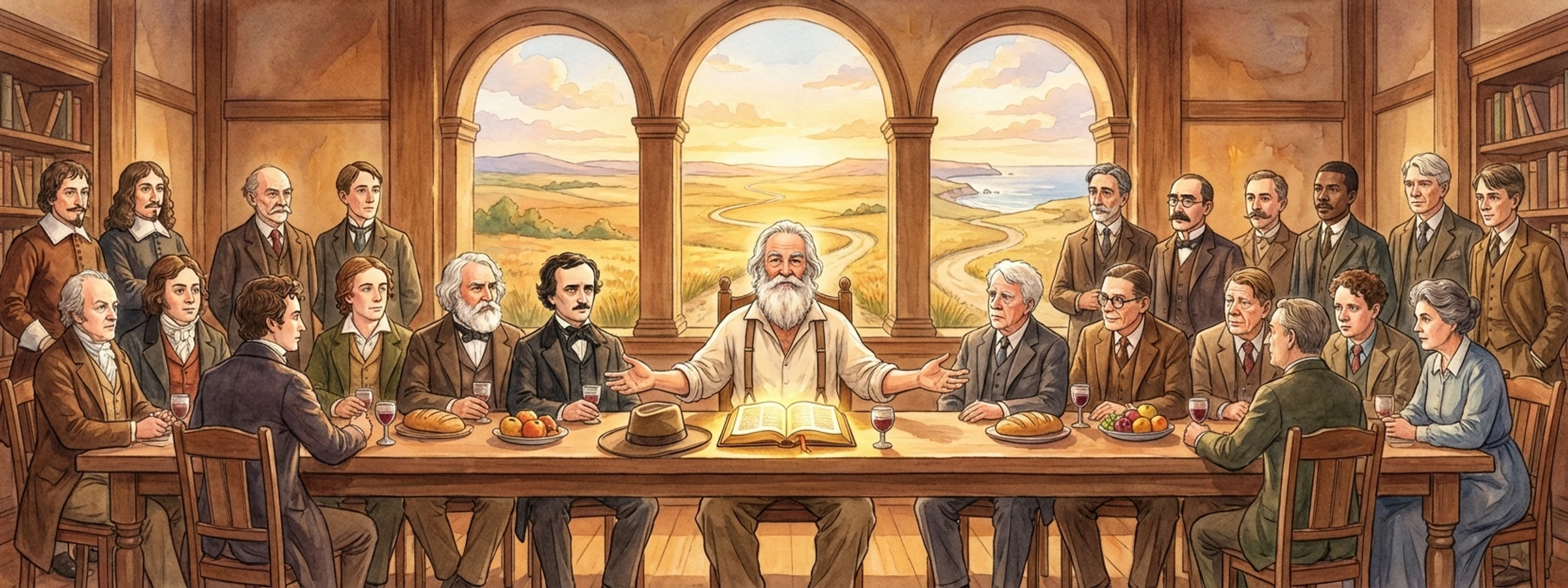 The Versery - A gathering of 25 poets across five centuries with Walt Whitman at center in the style of The Last Supper